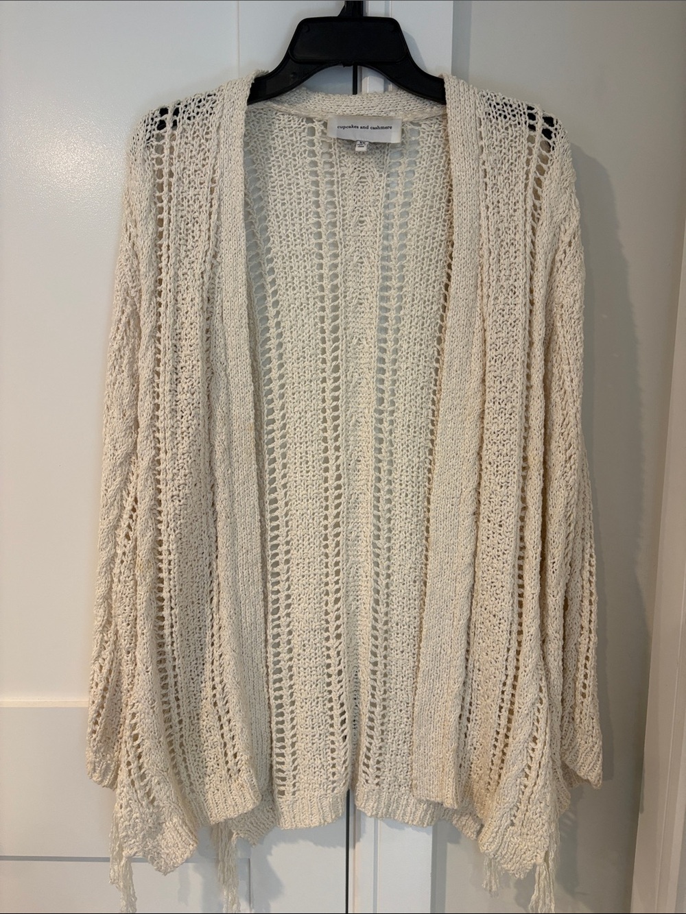 Cupcakes and Cashmere Woman’s Open-Weave Fringe Cream Cardigan Sweater Size XS